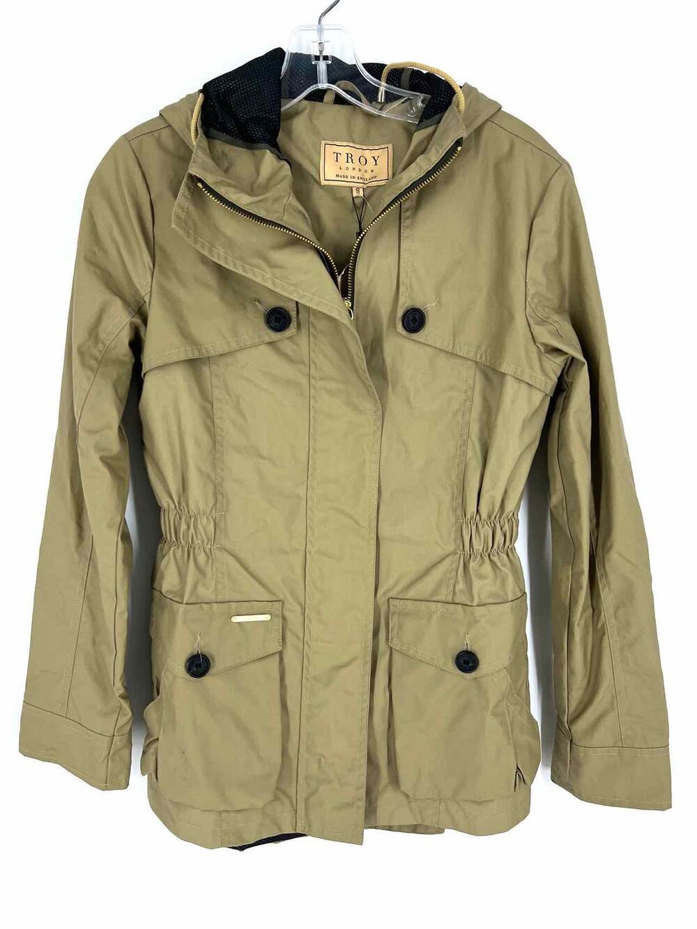Troy Size 8 Khaki Hooded Buttons NEW Designer Jacket